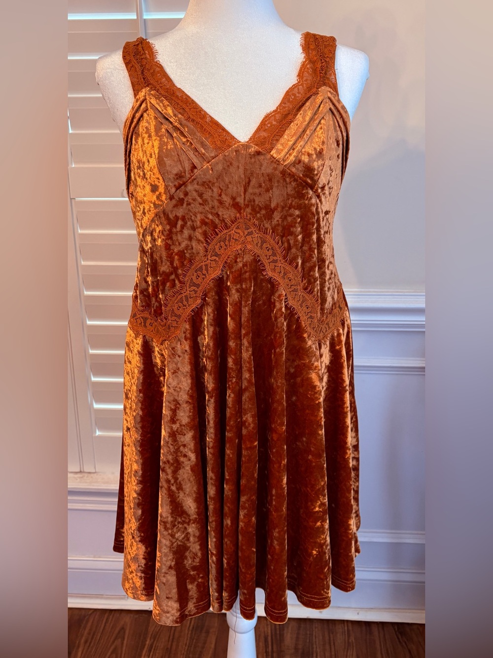 entro Burnt Orange Velvet Lace-Trim Mini Dress
